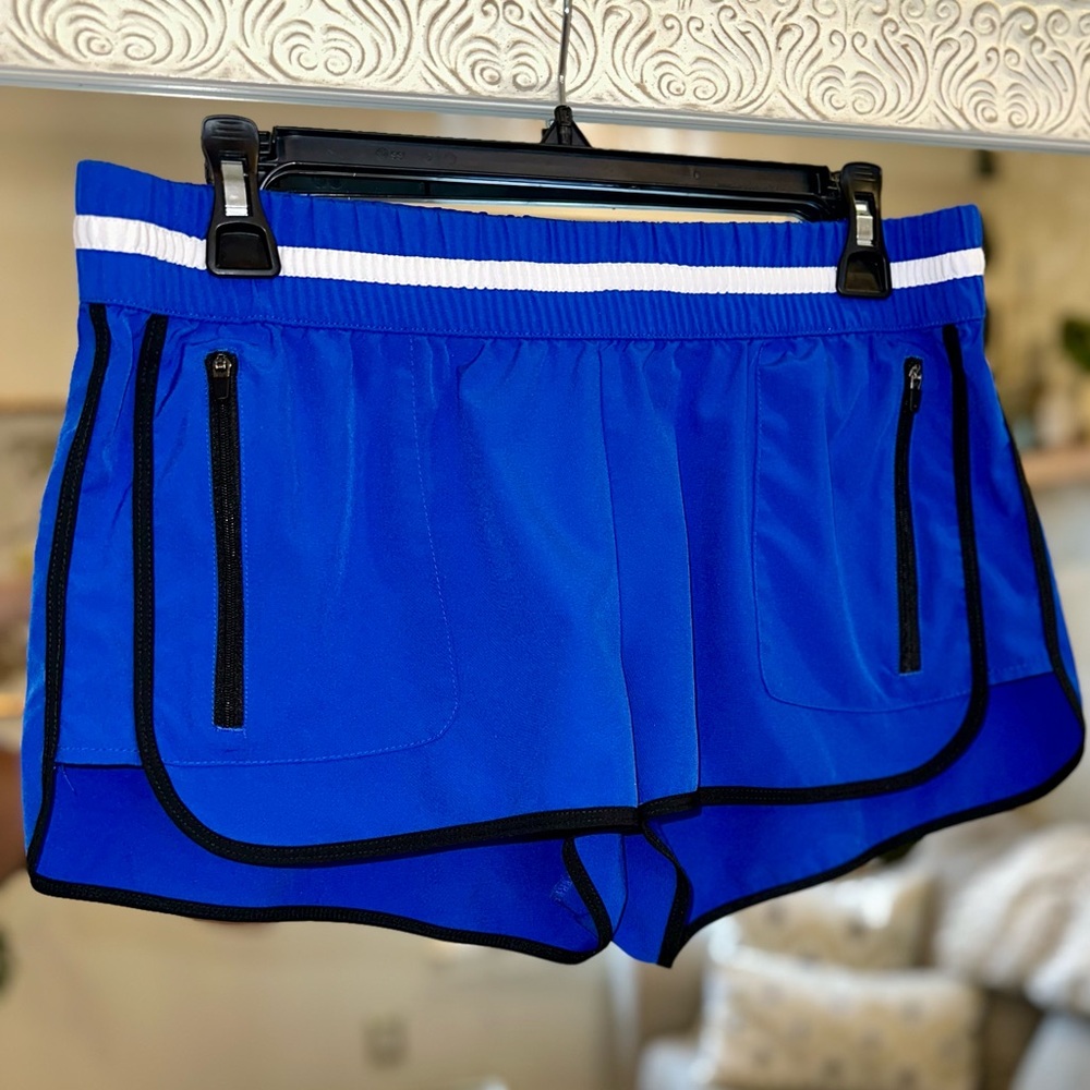 Fabletics Blue Women's Athletic Shorts, Black & White Detail, Zipper Pockets, M